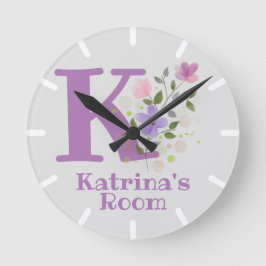 Redondo Mediano Reloj de dormitorio infantil con nombre e inicial