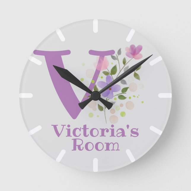 Redondo Mediano Reloj de dormitorio infantil con nombre e inicio (Anverso)