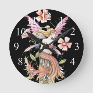 Redondo Mediano Reloj de fantasía de hada de flor rosa arte