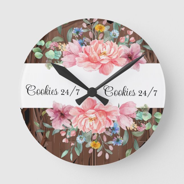 Redondo Mediano Reloj de flores pasteles rosadas florales (Anverso)