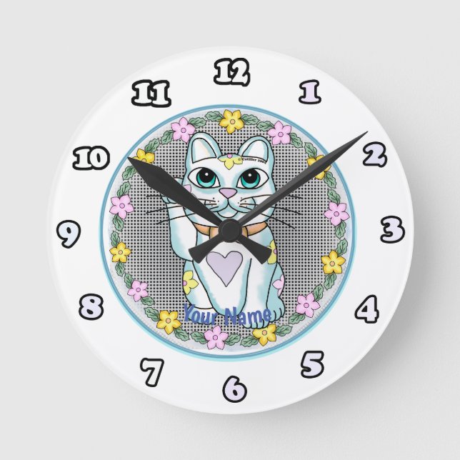 Redondo Mediano Reloj de Gato Afortunado Blanco (Anverso)