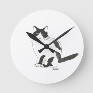 Redondo Mediano Reloj de gato blanco y negro
