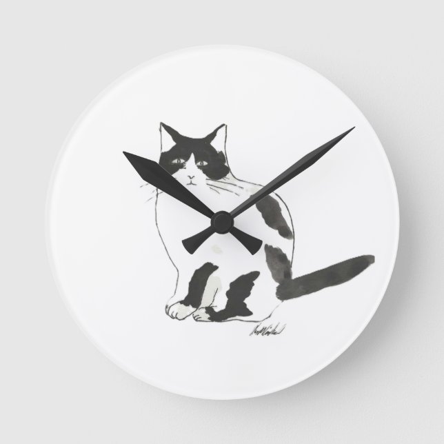Redondo Mediano Reloj de gato blanco y negro (Anverso)