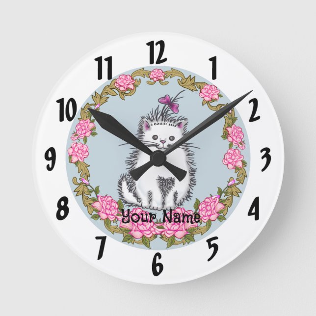 Redondo Mediano Reloj de gato gatito bebé (Anverso)