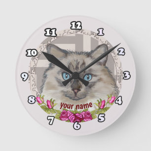 Redondo Mediano Reloj de gato Ragdoll rosas