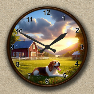 Redondo Mediano Reloj de granja panorámica personalizable y Beagle