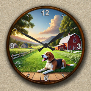 Redondo Mediano Reloj de granja panorámica personalizable y Beagle