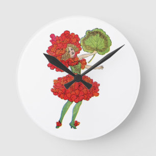 Redondo Mediano reloj de hadas de flores de geranio rojo