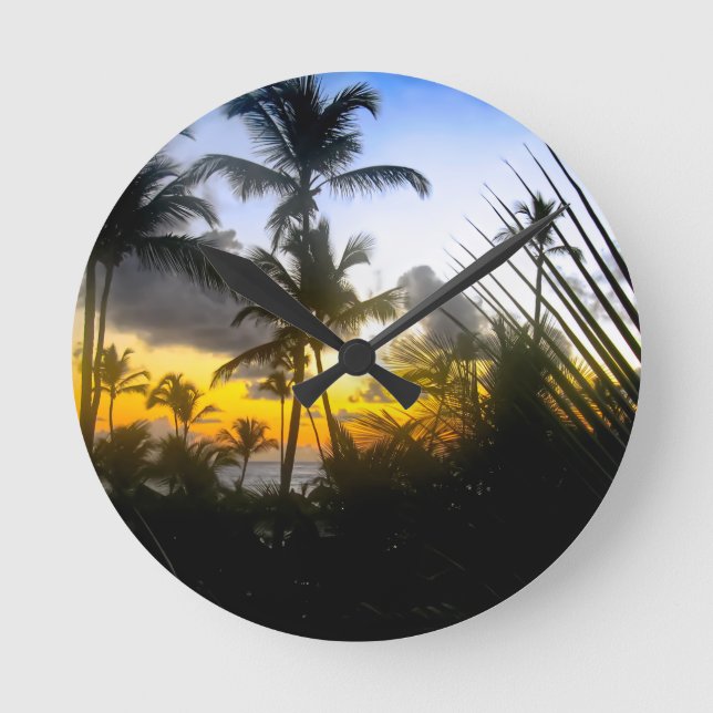 Redondo Mediano Reloj de impresión de atardecer tropical (Anverso)