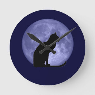 Redondo Mediano Reloj de la luna azul del gato negro