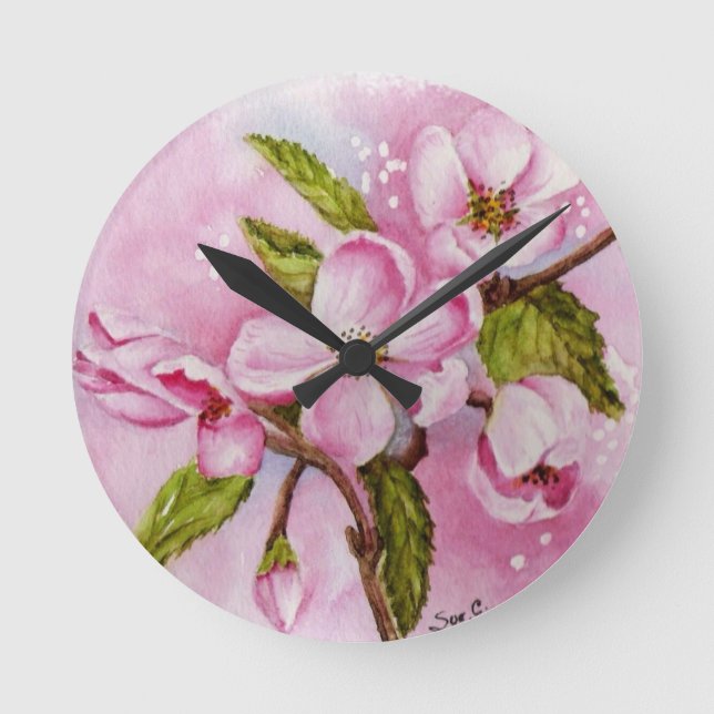 REDONDO MEDIANO RELOJ DE LA PARED DE BLOSSOMS DE APPLE ROSA (Anverso)