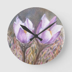 REDONDO MEDIANO RELOJ DE LA PARED DE DOS CROCUSES PURPLE