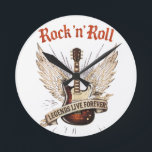 Redondo Mediano Reloj de leyendas de guitarra de rock n roll que v<br><div class="desc">Diseño de guitarra de rock n roll vintage con el eslogan "Las leyendas viven por siempre". Perfecto para amantes de la música,  fanáticos de la guitarra y entusiastas del rock clásico.</div>