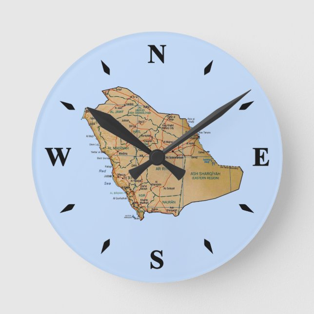 Redondo Mediano Reloj de mapa de Arabia Saudita (Anverso)