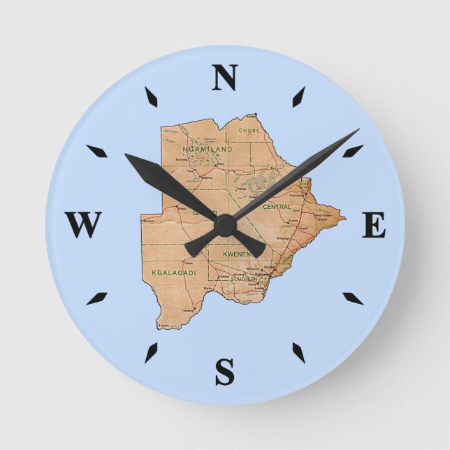 Redondo Mediano Reloj de mapa de Botswana (Anverso)