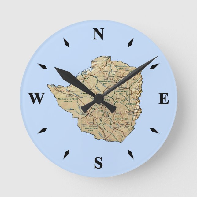 Redondo Mediano Reloj de mapa de Zimbabue (Anverso)