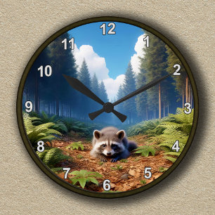 Redondo Mediano Reloj de mapache forestal encantado por el persona