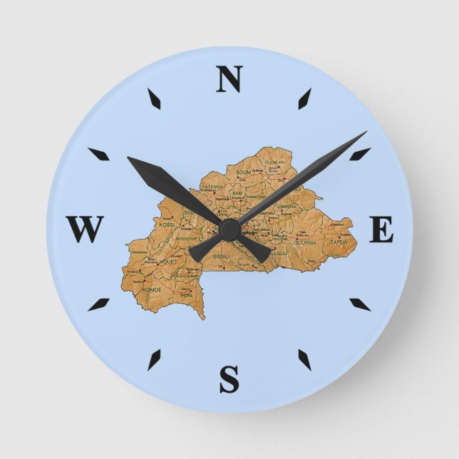 Redondo Mediano Reloj de mapas de Burkina Faso (Anverso)