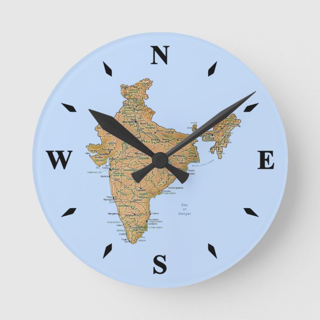 Redondo Mediano Reloj de mapas de India (Anverso)
