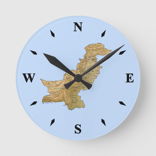 Redondo Mediano Reloj de mapas de Pakistán (Anverso)