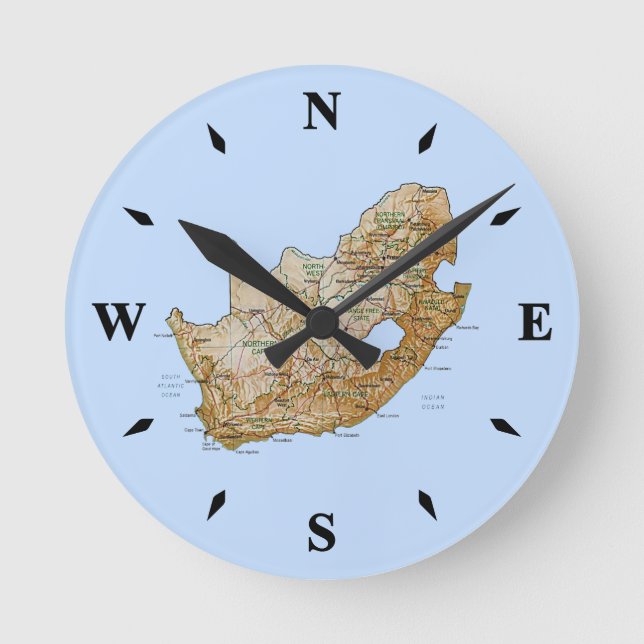 Redondo Mediano Reloj de mapas de Sudáfrica (Anverso)