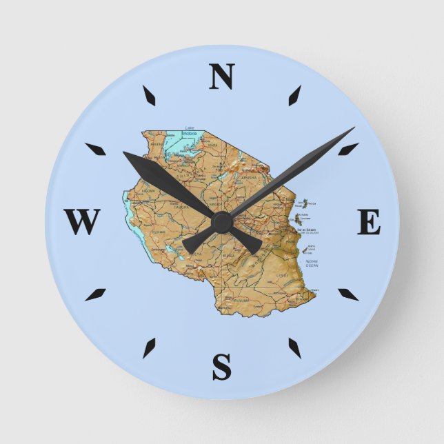 Redondo Mediano Reloj de mapas de Tanzania (Anverso)