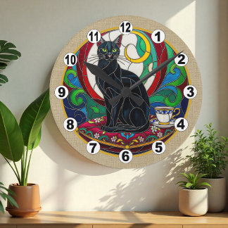 Redondo Mediano Reloj de mosaico de arte de gato negro vintage, de
