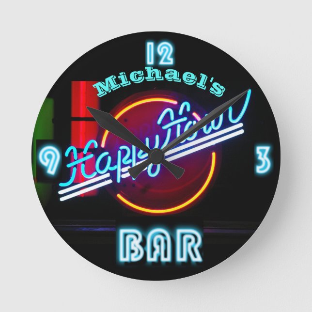 Redondo Mediano Reloj de Neon BAR | Personalizado Happy Hour Den M (Anverso)