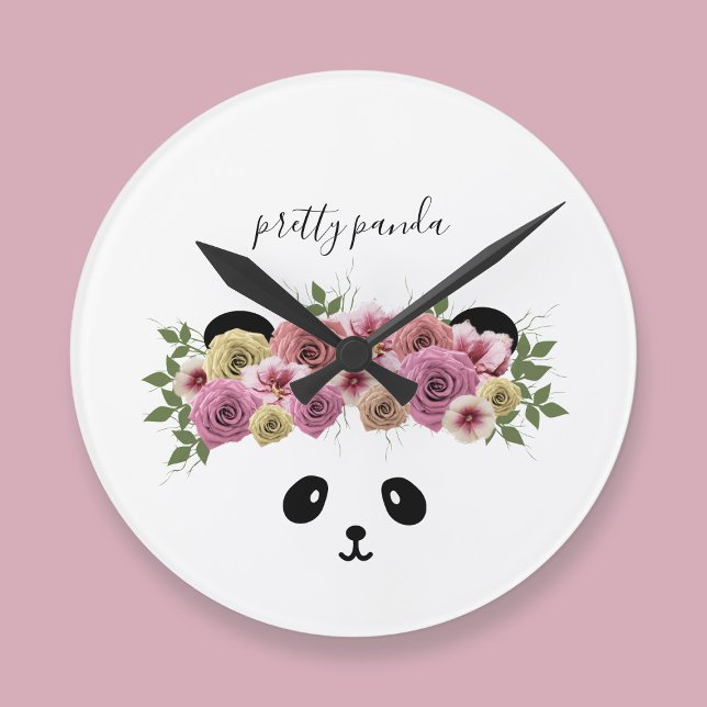 Redondo Mediano Reloj de niños con oso panda floral lindo (A pretty panda bear with flowers in her hair. Just add your name to this cute nursery clock)