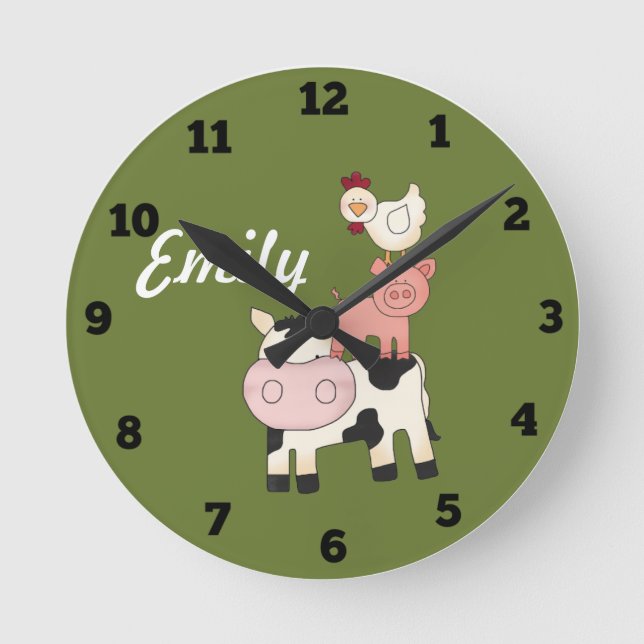 Redondo Mediano Reloj de niños de animales de granja (Anverso)