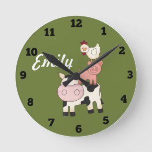 Redondo Mediano Reloj de niños de animales de granja