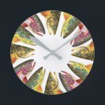 Redondo Mediano Reloj de pesca de trucha<br><div class="desc">¡SIEMPRE es hora de ir a pescar! Este diseño presenta imágenes de la trucha de Brook, salvelinus fontinalis; la trucha arcoiris, oncorhynchus mykiss; y la trucha marrón, salmo trutta. El arte proviene de tres acuarelas originales del Sr. Trout Whiskers. Se habla de gran decoración para casa, oficina, tienda, tienda, cabaña,...</div>