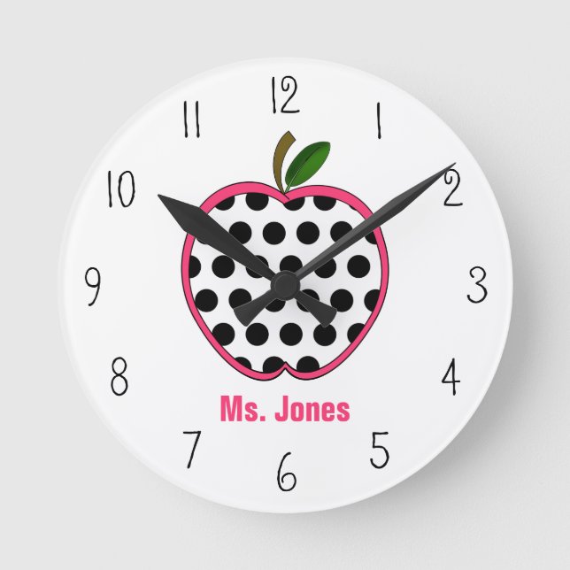 Redondo Mediano Reloj de profesores de Polka Dot Apple (Anverso)