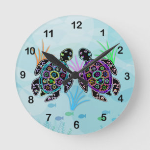 Redondo Mediano Reloj de tortugas de mar de mosaico