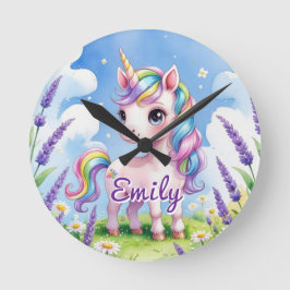 Redondo Mediano Reloj de Unicornio de Campo de Lavanda con Nombre