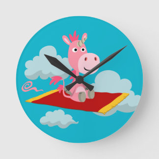 Redondo Mediano Reloj del muro de la alfombra mágica de unicornio
