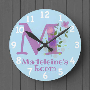 Redondo Mediano Reloj en un diseño floral con nombre e inicial