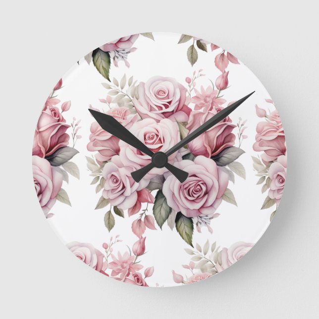 Redondo Mediano Reloj floral con flores de rosas rosadas de moda (Anverso)