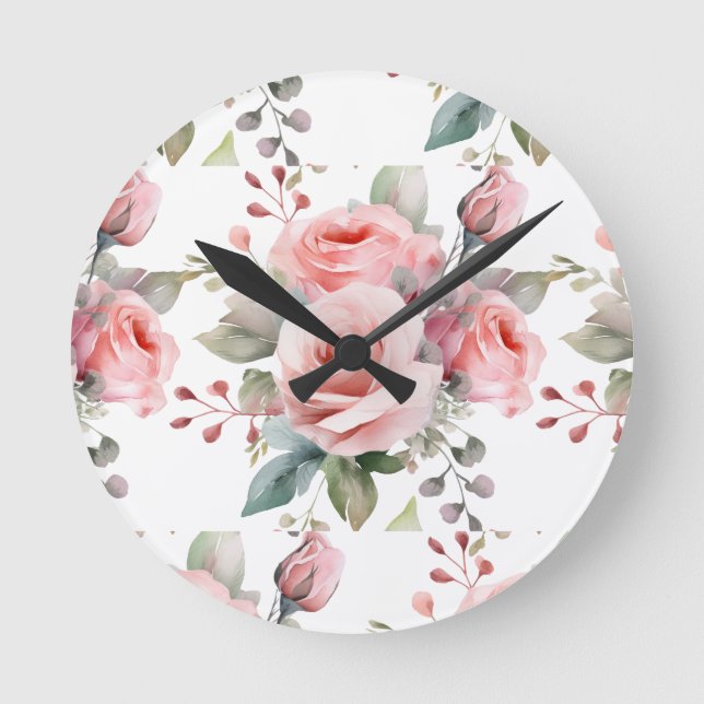 Redondo Mediano Reloj floral de flores de rosas rosadas chic (Anverso)