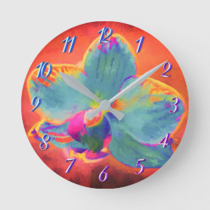 Redondo Mediano Reloj floral de pintura rosa y morado