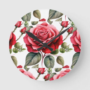 Redondo Mediano Reloj floral de rosas rojas chic