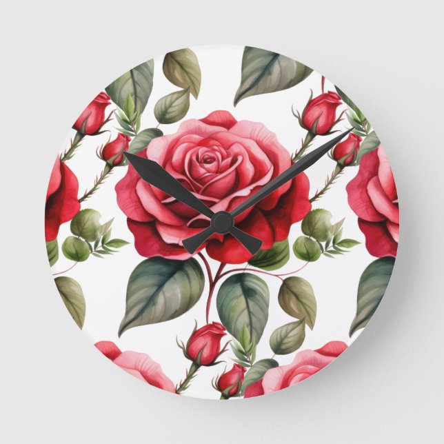 Redondo Mediano Reloj floral de rosas rojas chic (Anverso)