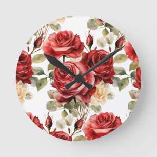 Redondo Mediano Reloj floral de rosas rojas chic