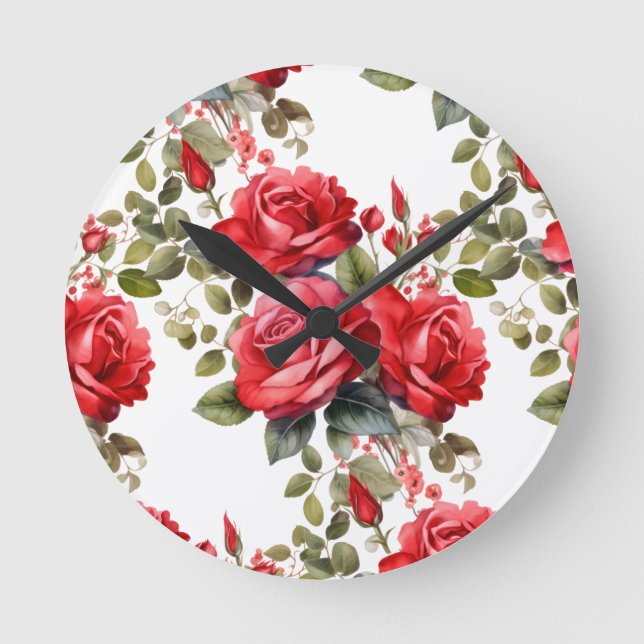 Redondo Mediano Reloj floral de rosas rojas chic (Anverso)