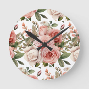 Redondo Mediano Reloj floral de rosas rosadas chic