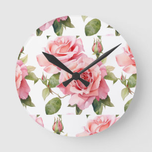 Redondo Mediano Reloj floral de rosas rosadas chic