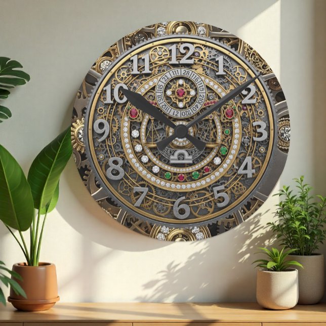 Redondo Mediano Reloj Libra, Zodiac, Steampunk, gemas, cosecha (Libra - Zodiac Sign Wall Clock)