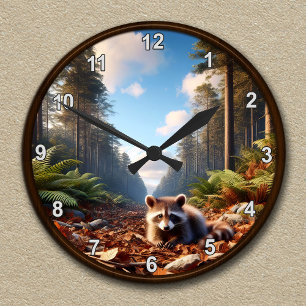 Redondo Mediano Reloj Mapache del Bosque Encantado Personalizable
