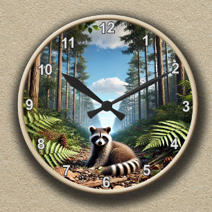 Redondo Mediano Reloj Mapache del Bosque Encantado Personalizable