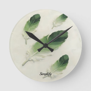Redondo Mediano Reloj moderno con pluma verde 3D nombre personaliz